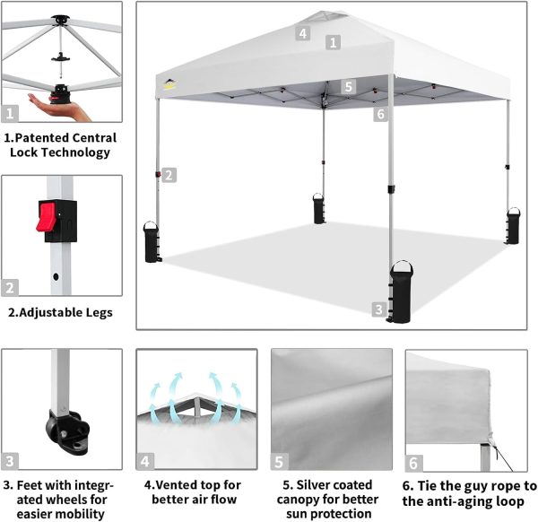 CROWN SHADES 10x10 Pop Up Canopy - Beach Tent with One Push Setup - Easy Outdoor Sun Shade for Events, Parties, Camping - Gazebo with STO-N-Go Cover Bag, Silver Coated Top, White - Image 3